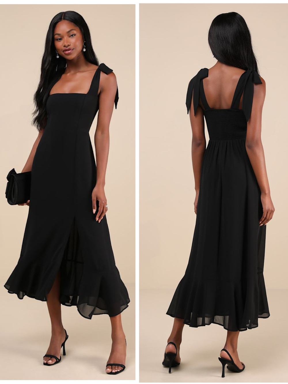 Lulus Summer Invite Black Tie-Strap Tiered Midi Dress Size small Formal wedding